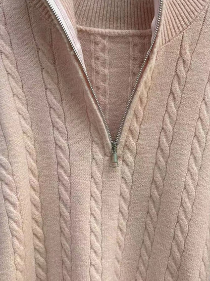 Vintage Lapel Neck Cable Half Zip Knit Sweater
