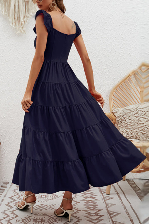 High Waist Solid Color Slim Waist Flying Sleeve Cake Skirt Dress