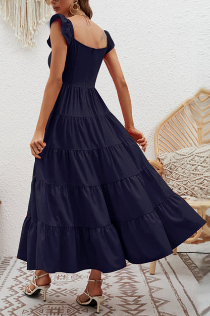 High Waist Solid Color Slim Waist Flying Sleeve Cake Skirt Dress