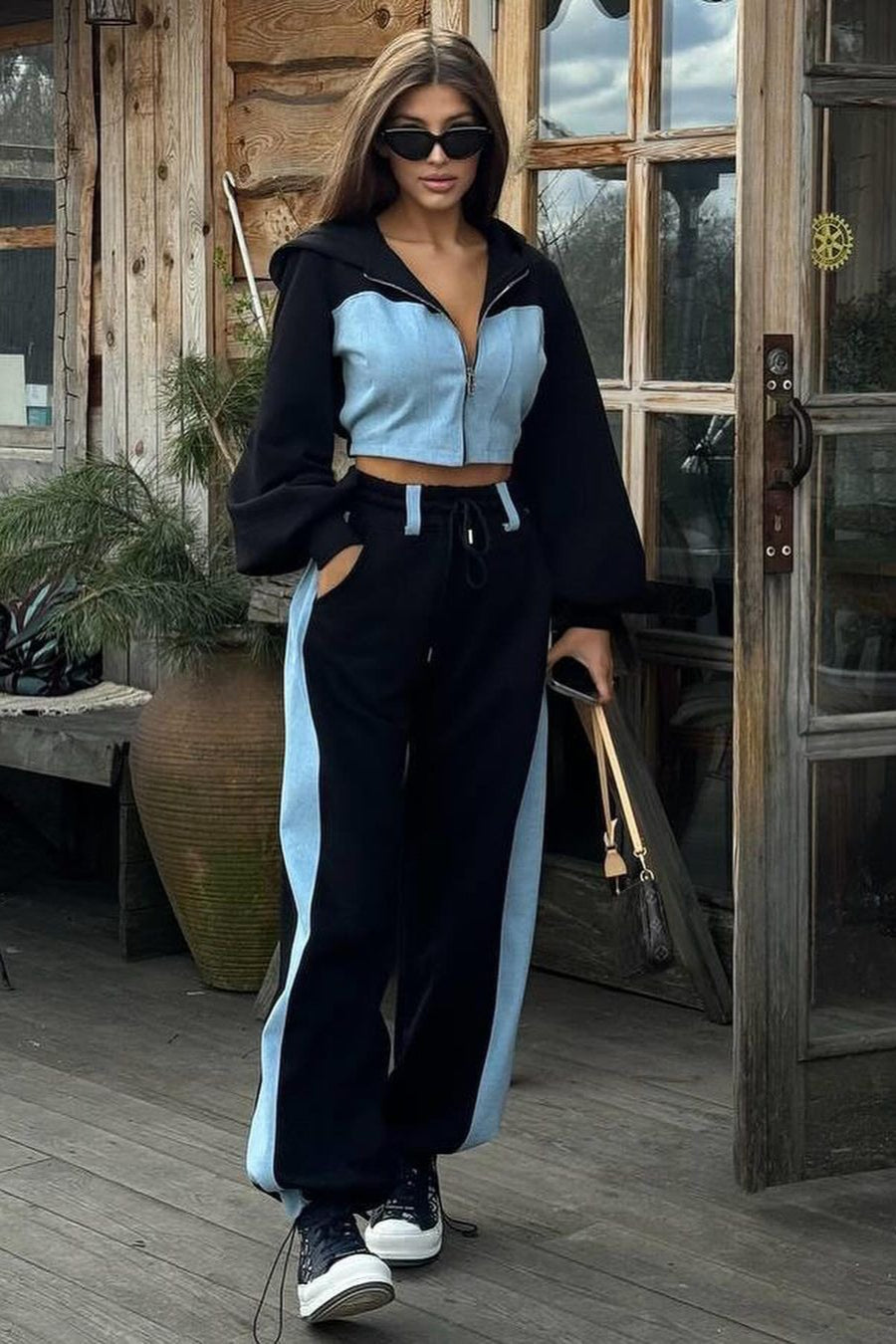 Color Block Casual Hoodie Denim Two Piece Pants Set