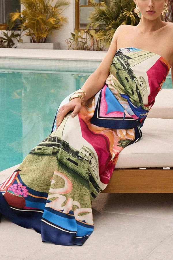 Seaside Holiday Satin Unique Print Knotted Scarf Top and Elastic Waist Loose Maxi Skirt Set