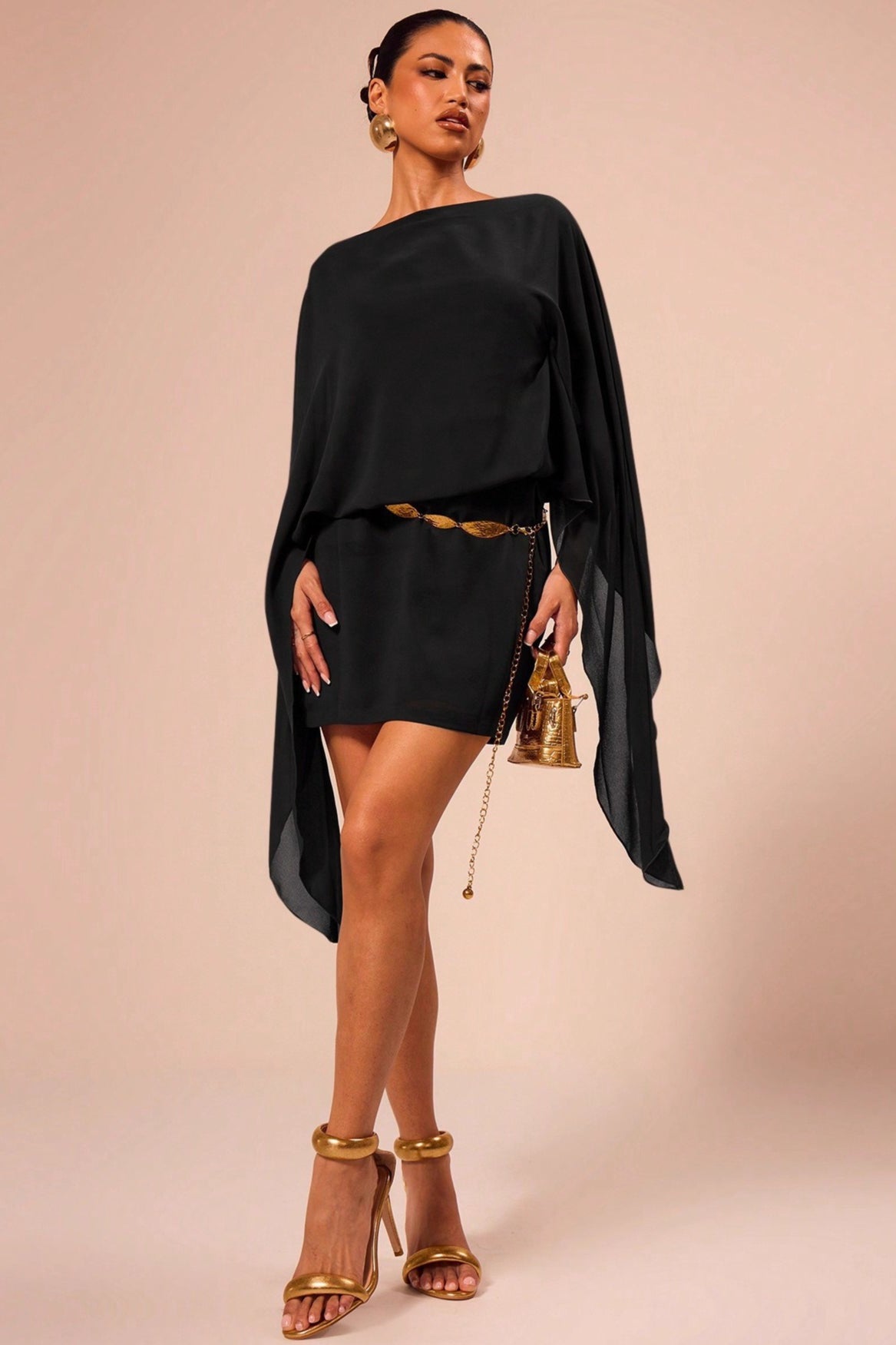 Boat Neck Sheer Batwing Cape Sleeve Draped Blouson Bodycon Mini Dress