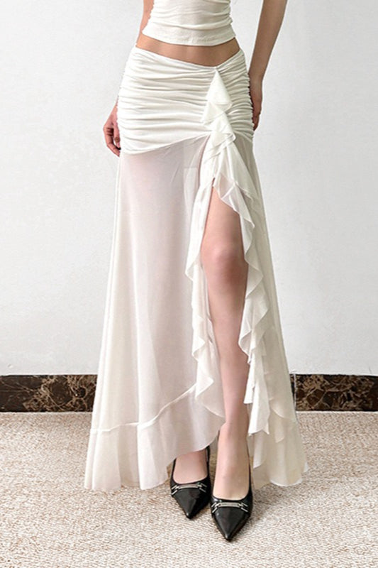 Mesh Panel Ruffle Tie Detail Maxi Skirt