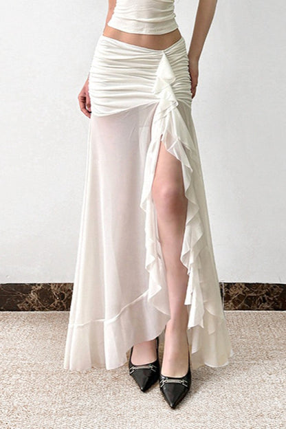 Mesh Panel Ruffle Tie Detail Maxi Skirt