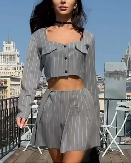 Grey Print V-Neck Crop Pleated Office Two Piece Set