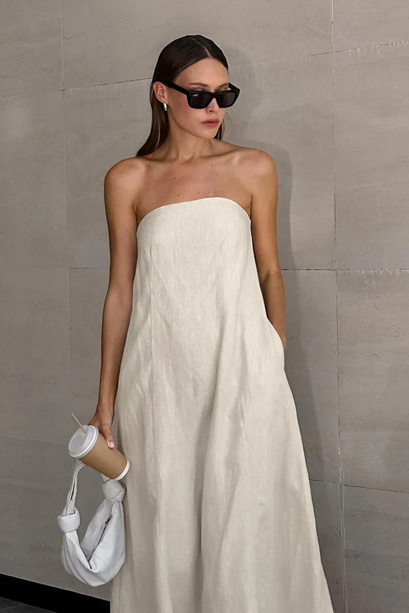 Khaki Cotton Linen Strapless Backless Maxi Dress