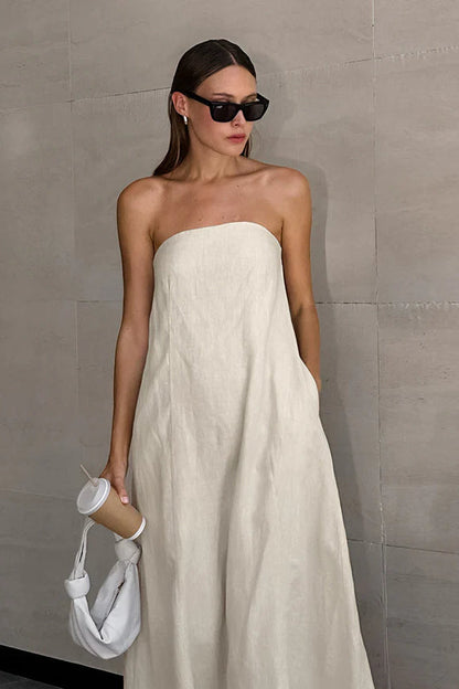 Khaki Cotton Linen Strapless Backless Maxi Dress