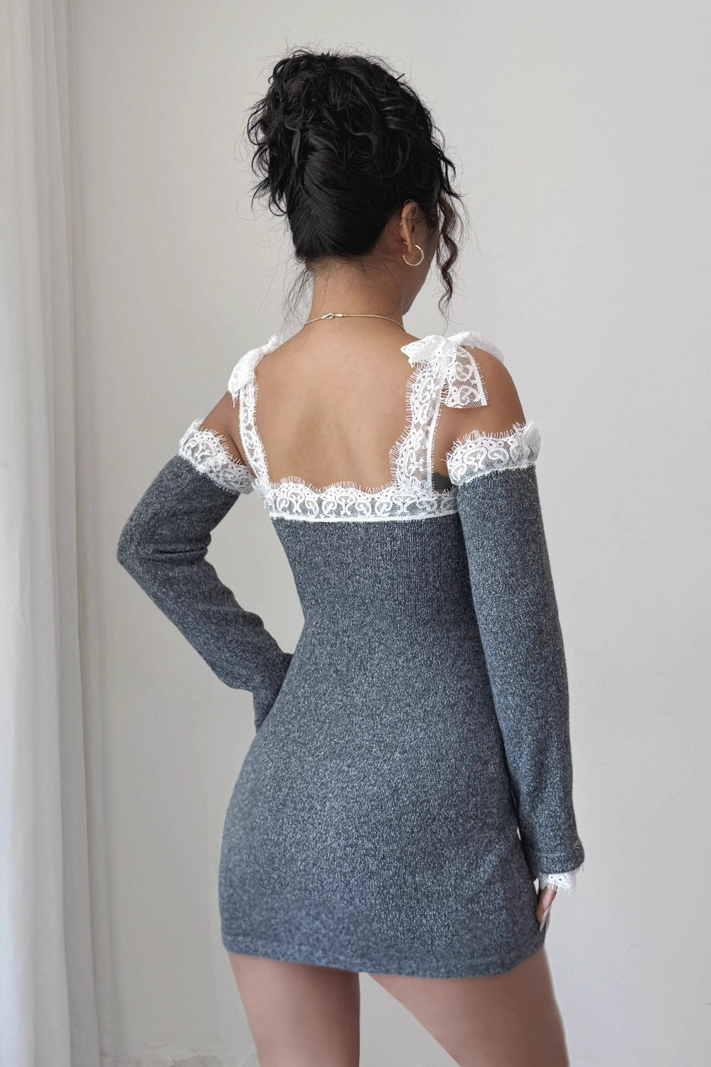 Knit Lace Bow Strap Cold Shoulder Lace Cuff Mini Sweater Dress