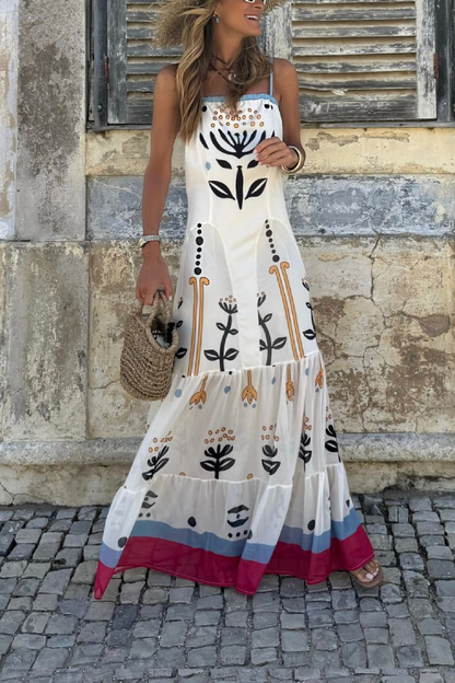 White Flat Collar Printed Patchwork Hem Loose Suspender Dress