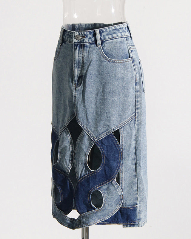 Spliced Hollow Casual Mid-Length Denim Skirt