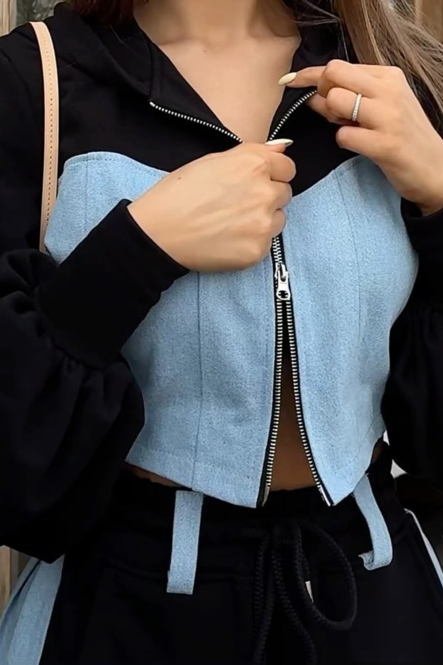 Color Block Casual Hoodie Denim Two Piece Pants Set