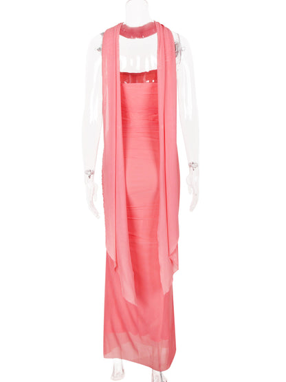 Strapless Corset And Mesh Maxi Skirt And Neck Scarf Party 3 Piece Co-ord Set For Women 2026