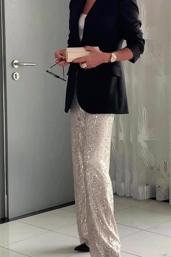 Solid color sequined fashionable casual straight pants