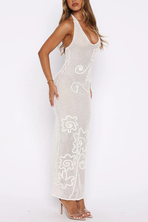 Solid Color Openwork Knit Backless Slim Fit Vacation Cover-up Maxi Dress