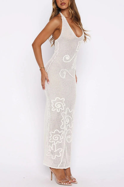 Solid Color Openwork Knit Backless Slim Fit Vacation Cover-up Maxi Dress