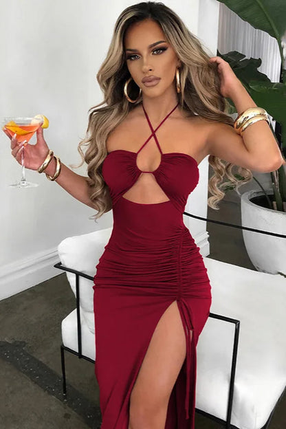 Halter Crossover Cutout Midriff Ruched Drawstring Side Slit Bodycon Midi Dress