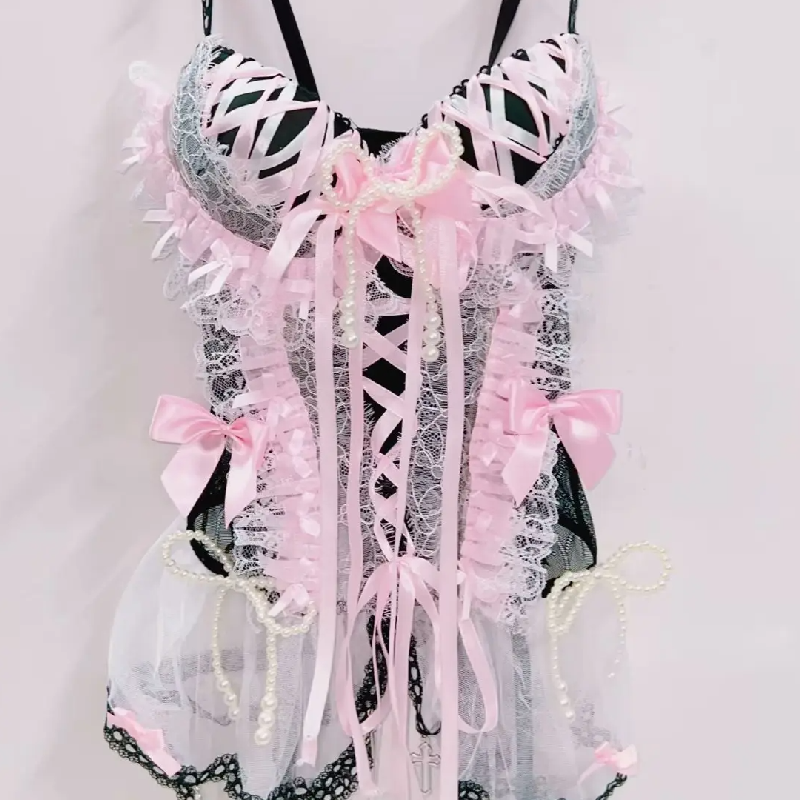 Bowknot ruffle lace hem cami top