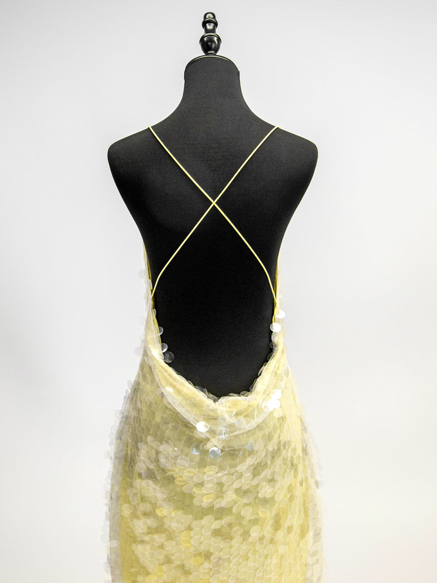 Sequin Sheer Maxi Slip Dress for Women - Butter Yellow Boho Backless V Neck Mermaid Cut Evening Gown - Summer Beach 2026