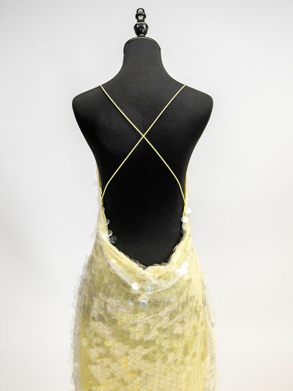 Sequin Sheer Maxi Slip Dress for Women - Butter Yellow Boho Backless V Neck Mermaid Cut Evening Gown - Summer Beach 2026