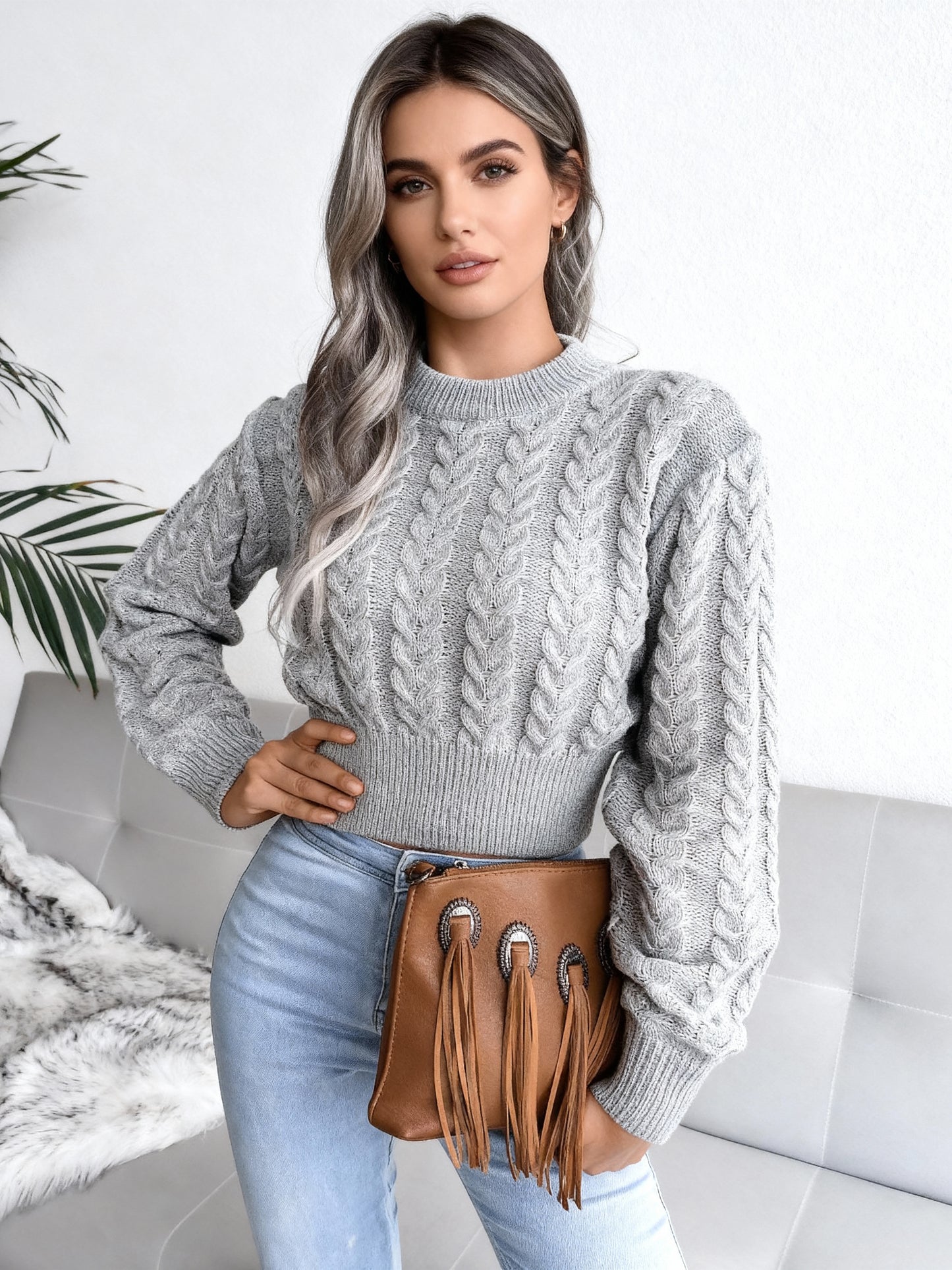 Women Pullover Sweater Baby Blue Jewel Neck Long Sleeves Cotton Sweaters