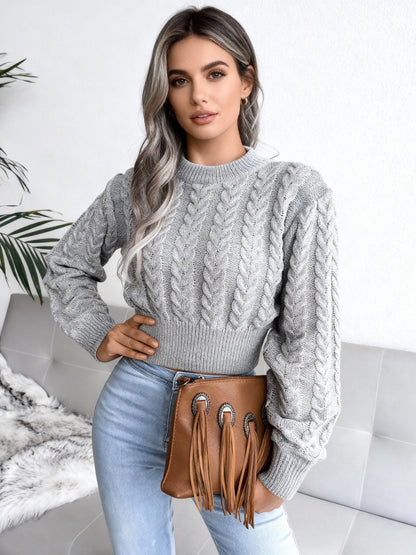 Women Pullover Sweater Baby Blue Jewel Neck Long Sleeves Cotton Sweaters
