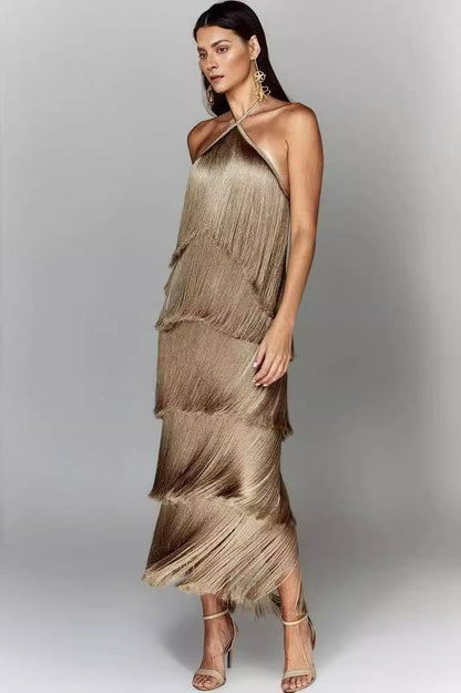 Chic Halter Fringe Backless Slit Cocktail Dress