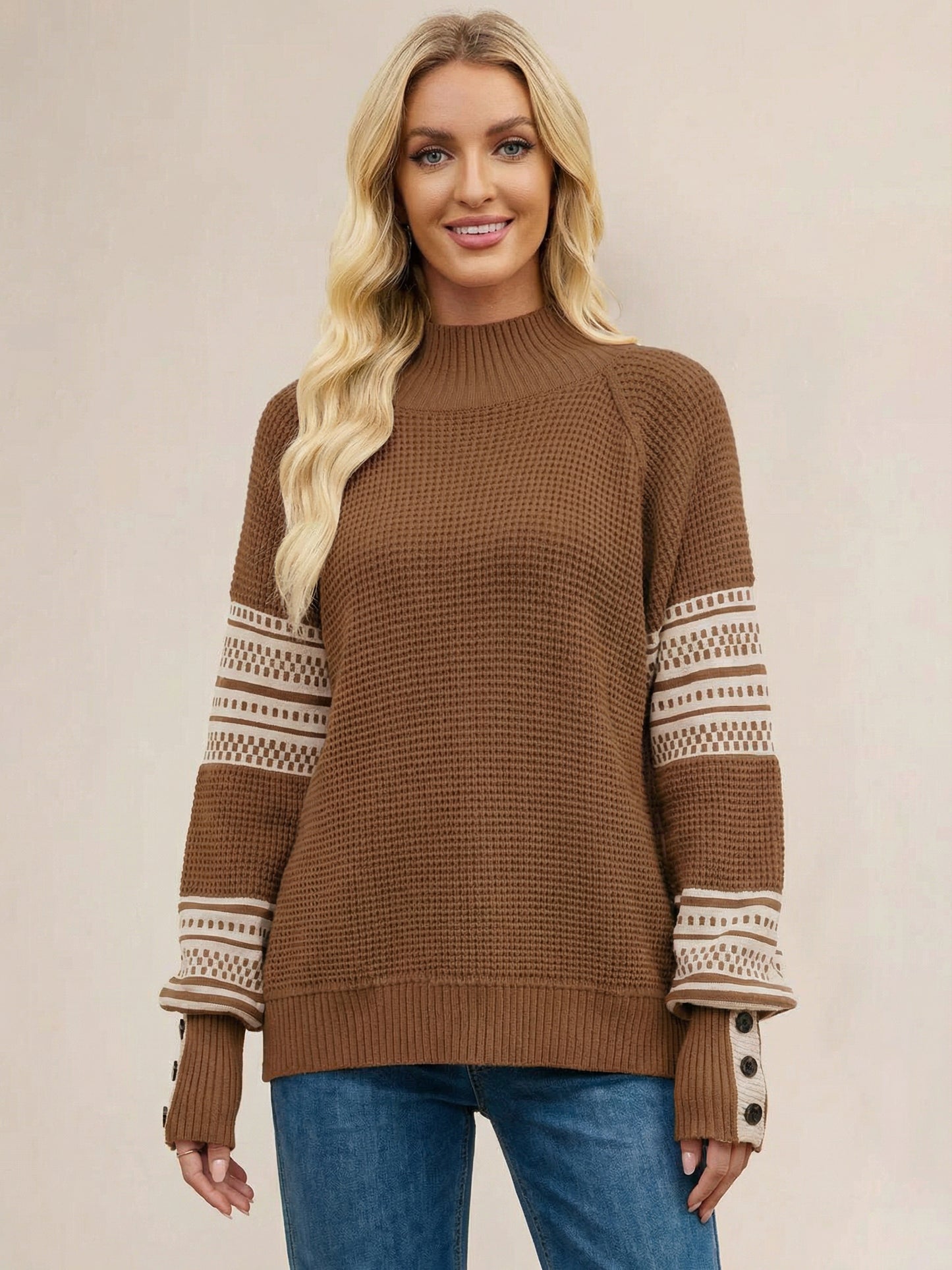 Mock Neck Knit Sweater Stripe Print Sleeve Button For Women 2026