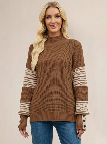 Mock Neck Knit Sweater Stripe Print Sleeve Button For Women 2026