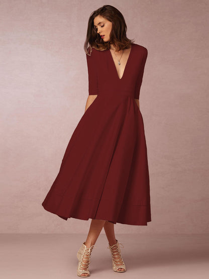 Plunge Midi Dress Half Sleeves Pockets A-Line Prom Dresses In Burgundy