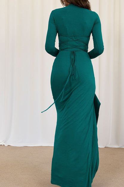 Slim Fit Pleated Long Sleeve Maxi Dress