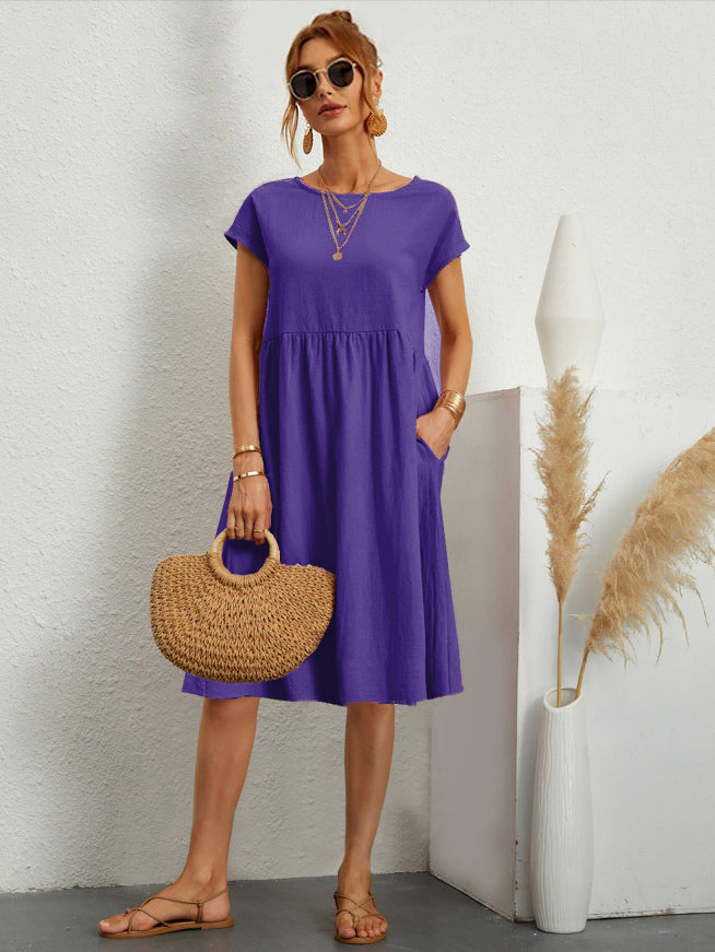 Short Sleeves Midi Shift Dress for Women - Minimalist Solid Color Loose T-shirt Dress with Pockets - Summer Daily Casual 2026