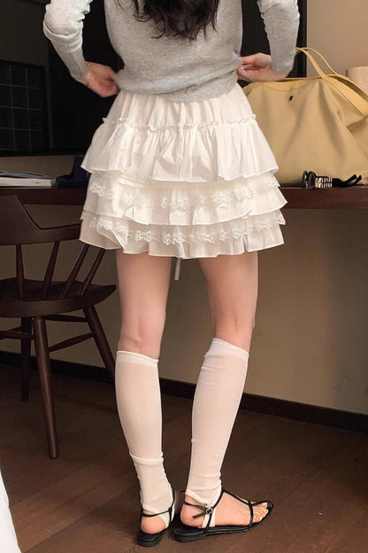 High Waist Tiered Ruffle A Line White Mini Skirt