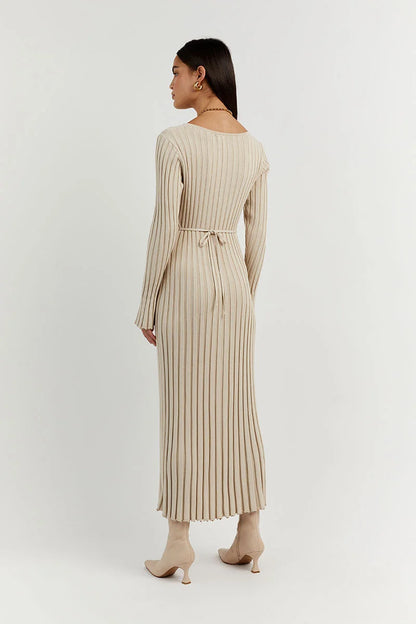 Rib Knit V-Neck Lettuce Edge Cuff Bodycon Maxi Dress