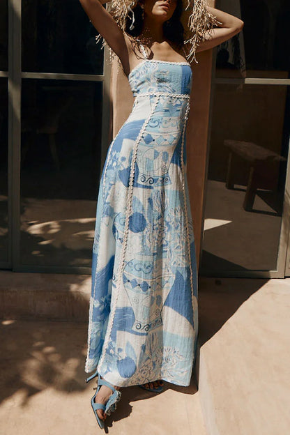 Unique Print Back Tie-up Slip Flared Maxi Dress