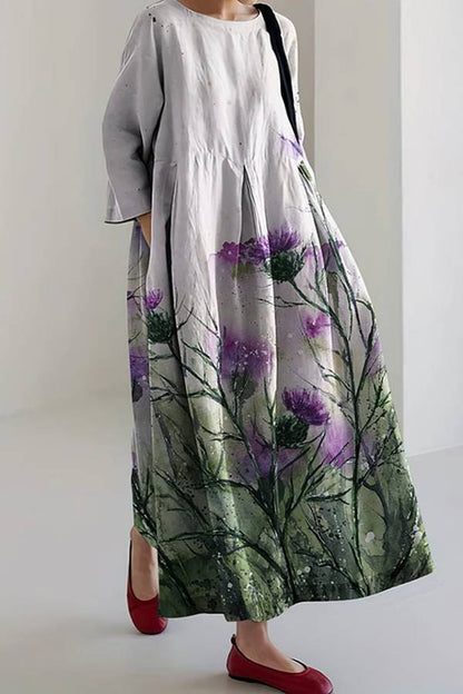 Scotland Thistle Print Crew Neck Loose Midi Dress