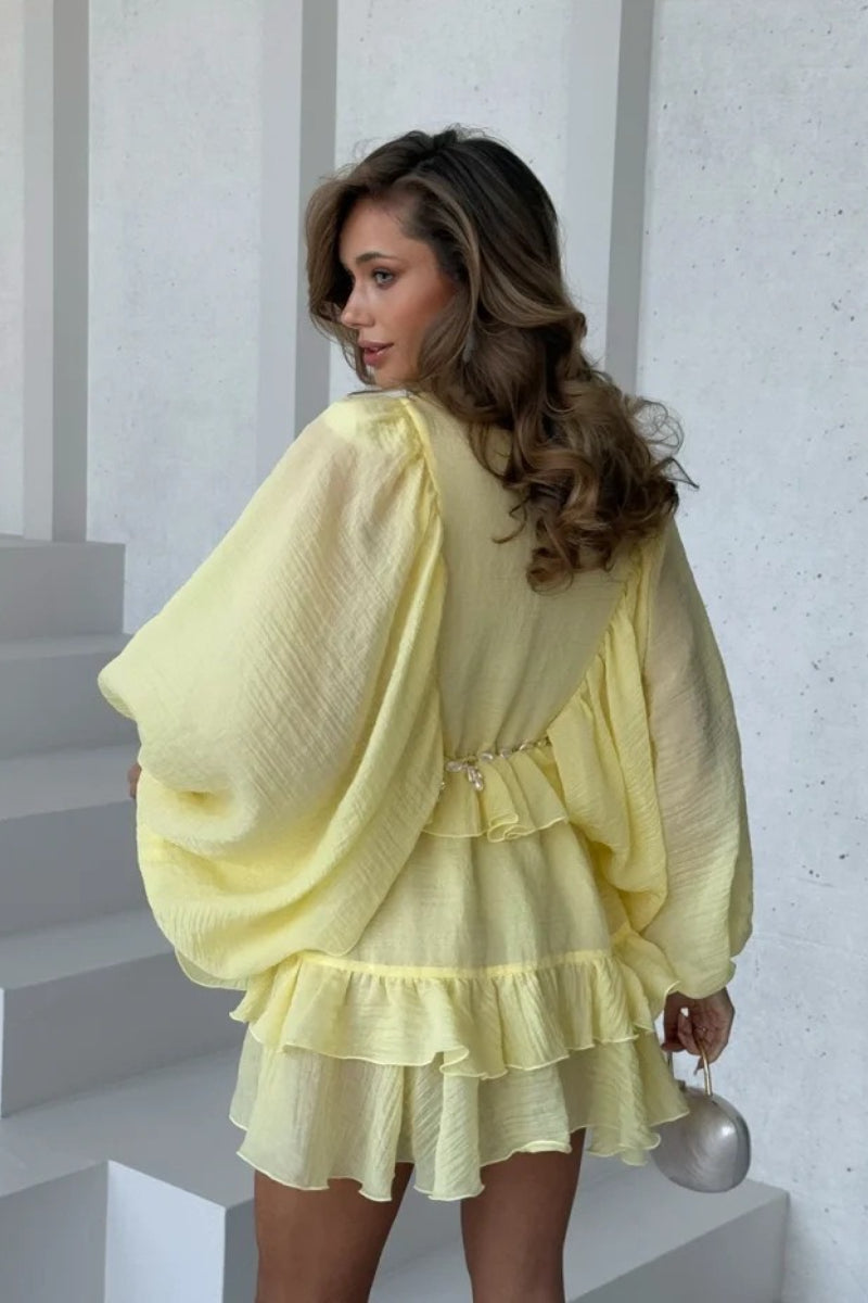 Pearl-Belt Round Neck Button Front Balloon Sleeve Tiered Crinkle Mini Dress