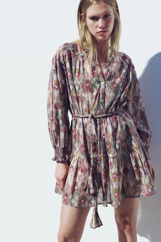 Floral Puff Long Sleeve Ruffle Hem Mini Dress