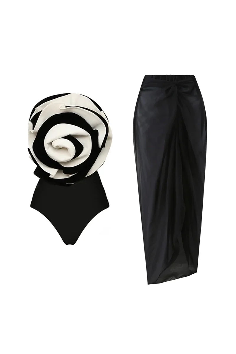Black and White Floral Swimsuit Set