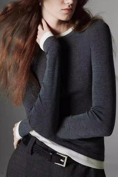 Two-in-One Contrast Trim Knit Top