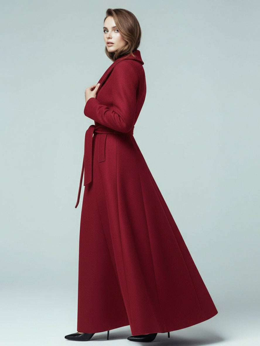 Woolen Belted Maxi Coat With Shawl Collar And Double-breasted For Women 2026