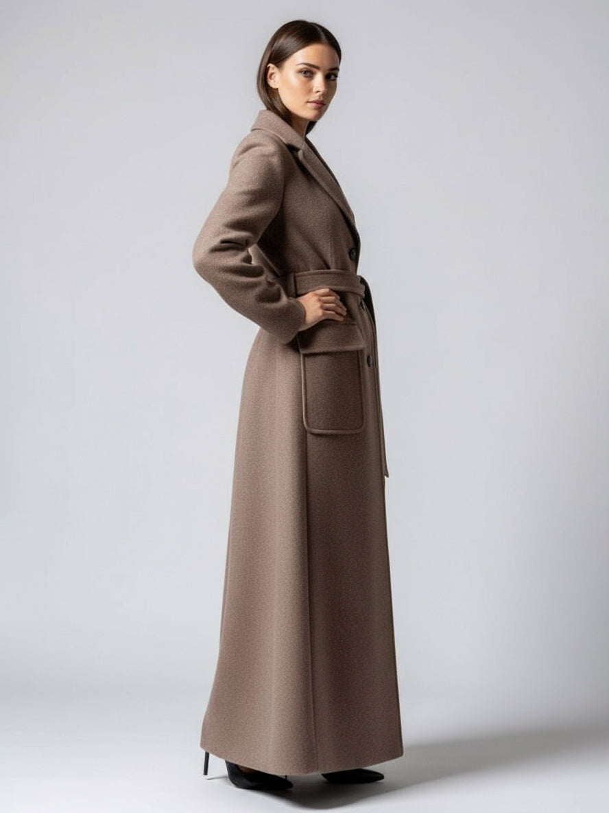 Belted Full Length Maxi Woolen Coat With Lapel And Big Pockets For Women 2026