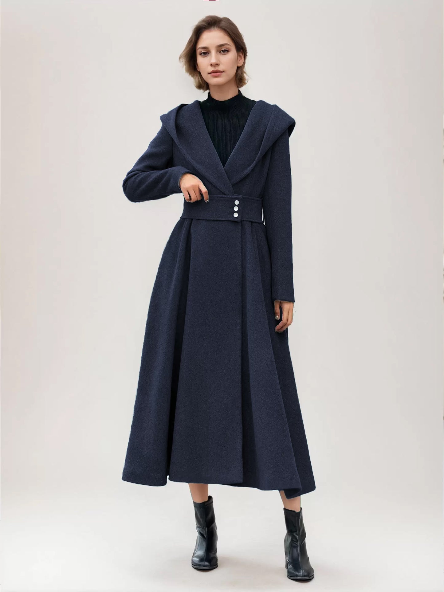 Flared Woolen Coat For Woman Hooded Gray Belted A-line Winter Long Outerwear 2026