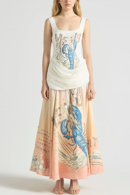 Jino Unique Lobster Print Square Neck Ruched Drape Hip Maxi Dress