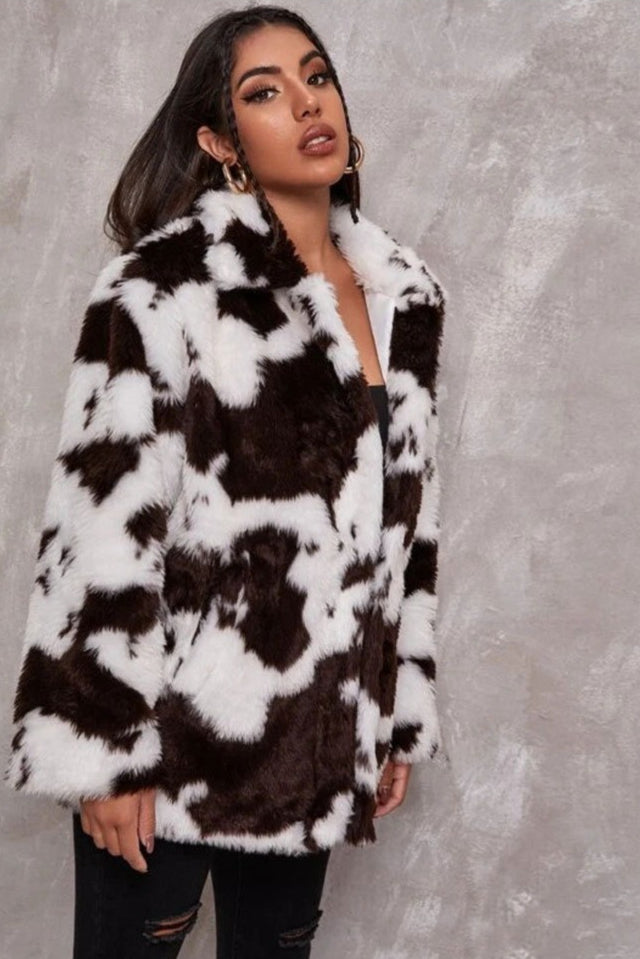 Black and White Faux Fur Cow Print Coat