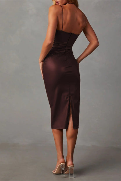 Faux Leather Square Neck Spaghetti Strap Side Ruched Bodycon Midi Dress
