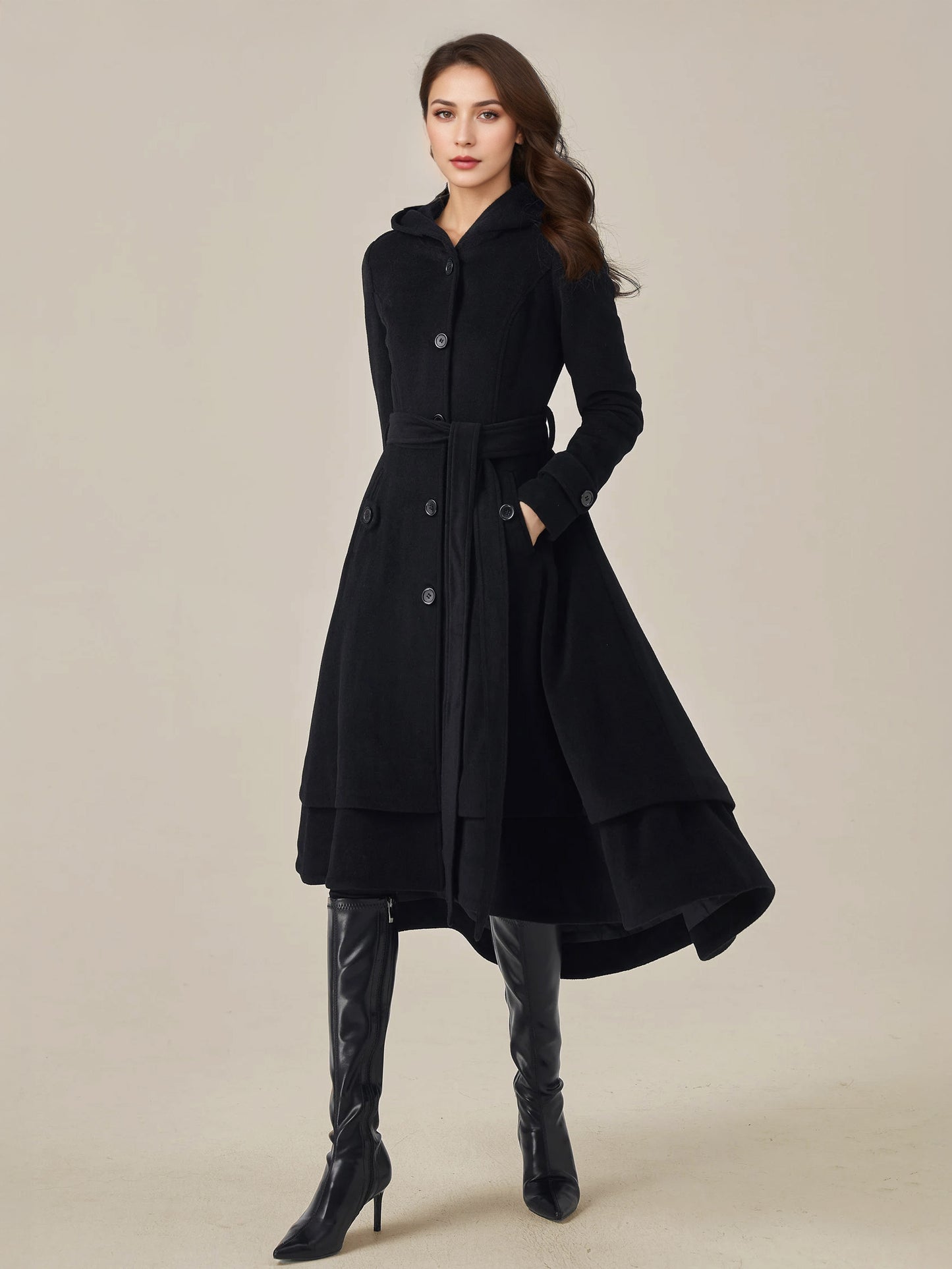 Woolen Flared Coat For Woman Hooded Belted A-line Vintage Winter Midi Outerwear 2026