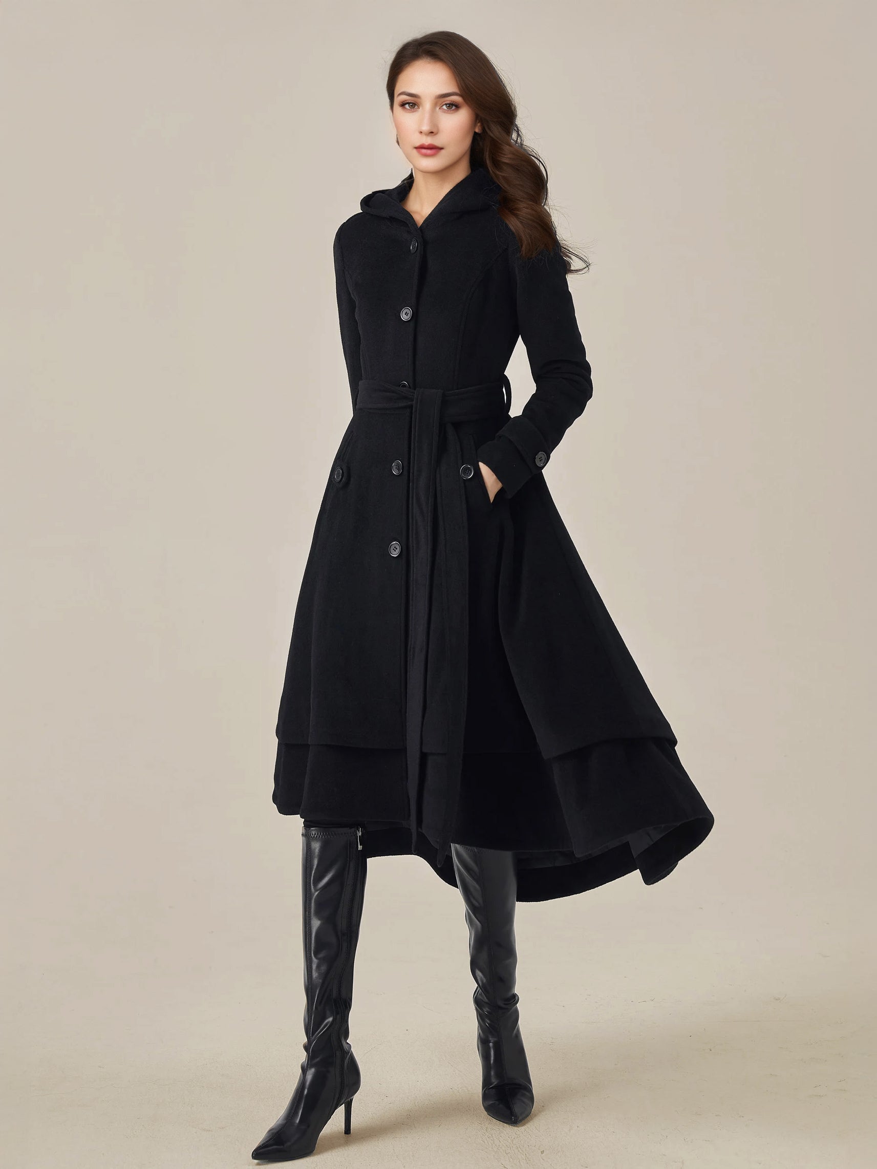 Woolen Flared Coat For Woman Hooded Belted A-line Vintage Winter Midi Outerwear 2026