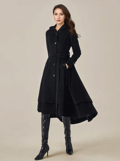 Woolen Flared Coat For Woman Hooded Belted A-line Vintage Winter Midi Outerwear 2026