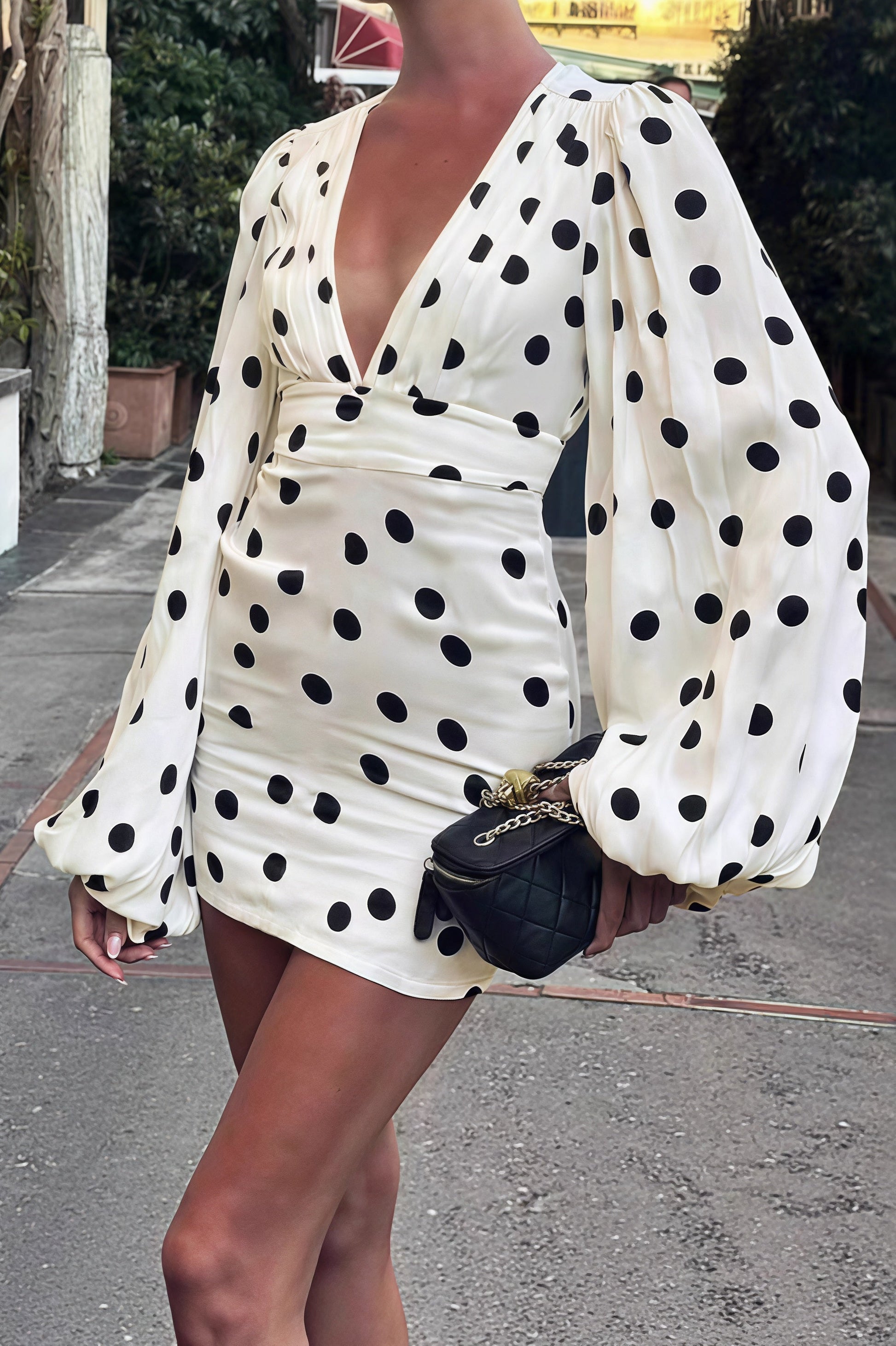Polka Dot Deep V-Neck Balloon Sleeve Cinched Waistband Bodycon Mini Dress