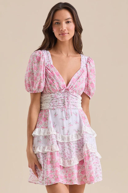 Floral Print Puff Sleeve Lace Smocked Waist Tiered Ruffle Mini Dress